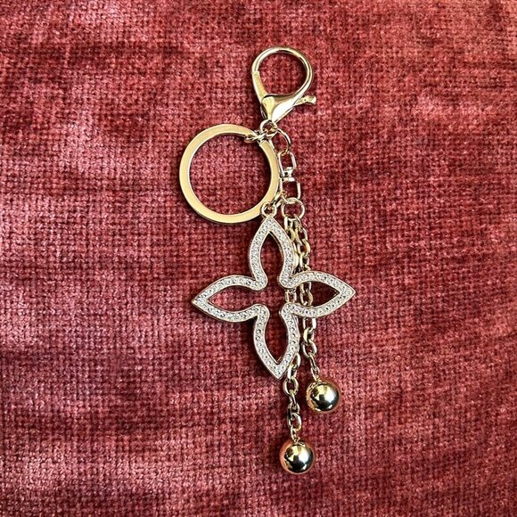 CLOVER BAG CHARM Rhinestones Black Gold Tone - Picture 3 of 7